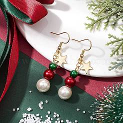 Christmas Round Glass & Shell Pearl Dangle Earrings&nbsp;EJEW-TA00506