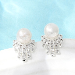 Round Brass Micro Pave Clear Cubic Zirconia Stud Earrings&nbsp;EJEW-U072-01S
