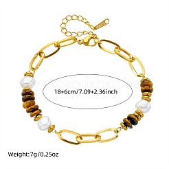 304 Stainless Steel Paperclip Chain Natural Tiger Eye Rondelle Beaded Bracelets for Women&nbsp;WGDB3B0-01