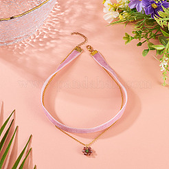 Glass Beaded Flower Pendant Single Face Medium Orchid Velvet Ribbon & Brass Cable Chain Double Layered Choker Necklaces&nbsp;NJEW-TAC0041