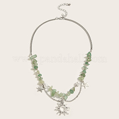 Fashionable Zinc Alloy Sun Star Pendant Natural Green Aventurine Chip Beaded Necklaces&nbsp;FS-WG24785-01