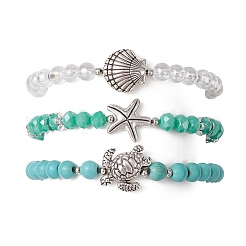 3Pcs 3 Styles Round Glass & Synthetic Turquoise Beads Stretch Bracelets Sets for Women&nbsp;BJEW-JB11654