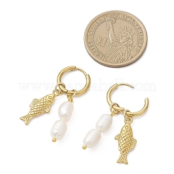 Natural Cultured Freshwater Pearl Rice with Fish Hoop Earrings&nbsp;EJEW-JE06740