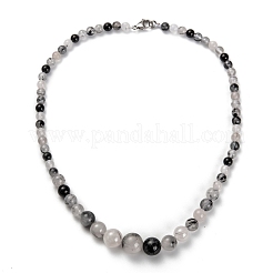 Natural Tourmalinated Quartz Graduated Beaded Necklaces & Stretch Bracelets Jewelry Sets&nbsp;SJEW-H304-01D