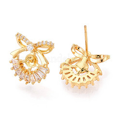 Bowknot Brass Micro Pave Clear Cubic Zirconia Stud Earrings Findings for Half Drilled Beads&nbsp;KK-T071-14G