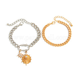 2Pcs 2 Styles Alloy & Iron & Crystal Rhinestone Charm Bracelets & Curb Chain Bracelets for Women&nbsp;FS-WGBE51F-01
