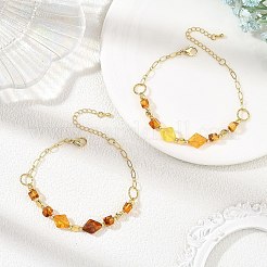 Natural Amber Beads & Brass Figaro Chains Link Bracelets for Women&nbsp;BJEW-JB14412