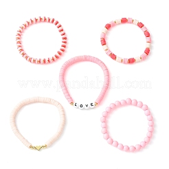 5Pcs 5 Style Word Love Acrylic & Brass Heart & Polymer Clay Disc Beaded Stretch Bracelets Set for Valentine's Day&nbsp;BJEW-TA00314