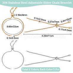 10Pcs 2 Colors Adjustable 304 Stainless Steel Slider Bracelets Making&nbsp;STAS-BBC0001-85
