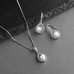 Teardrop Brass Micro Pave Clear Cubic Zirconia with Plastic Pearl Pendant Necklace & Dangle Earring&nbsp;FS-WG2AAB6-02