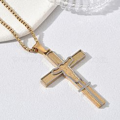 Two Tone Religion 201 Stainless Steel Jesus Cross Pendant 304 Stainless Steel Box Chain Necklaces&nbsp;SA-CBA3211-02GP