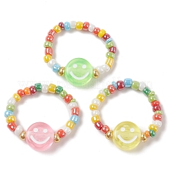 Glass Seed & Acrylic Smiling Face Beaded Stretch Ring&nbsp;RJEW-JR00575