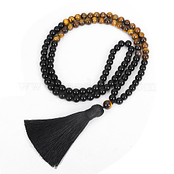 Black Obsidian & Tiger Eye 108 Mala Prayer Round Beaded Wrap Necklaces with Long Tassel&nbsp;FS-WG54ED5-02