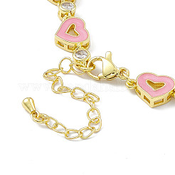 Pink Enamel Heart & Cubic Zirconia Link Chain Bracelet&nbsp;BJEW-P288-14G