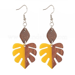 Resin & Walnut Wood Monstera Leaf Dangle Earrings&nbsp;EJEW-JE04877