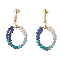 Natural Apatite & Natural Kyanite Faceted Round & Natural Cultured Freshwater Pearl Bead & 304 Stainless Steel Stud Dangle Earrings&nbsp;EJEW-JE07229-01