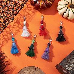 6Pcs 6 Colors Halloween Dyed Synthetic Turquoise Skull & Acrylic Flower Polycotton Tassel Pendant Decorations&nbsp;HJEW-JM03900