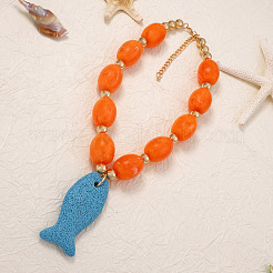 Bohemian Dyed Natural Lava Rock Dodger Blue Fish Shaped Pendant Resin Barrel Beaded Necklaces with Alloy End Chains for Women&nbsp;WGC0D2D-01