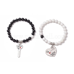 2Pcs Valentine's Day Natural Mashan Jade & Black Onyx Round Beads Stretch Bracelets for Couple&nbsp;BJEW-JB11649