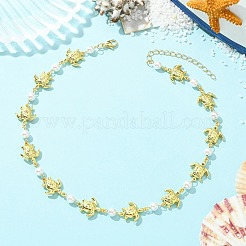 4Pcs 4 Styles Ocean 304 Stainless Steel Sea Animals Handmade Link Chain Necklaces with White Round Shell Pearl Beads&nbsp;NJEW-JN06097