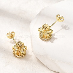 Crown Brass Micro Pave Clear Cubic Zirconia Stud Earrings for Women&nbsp;EJEW-G460-04G