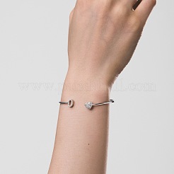 Anti-Tarnish Heart & Letter Rhodium Plated 925 Sterling Silver Micro Pave Cubic Zirconia Cuff Bangles for Women&nbsp;BJEW-C062-01O-P