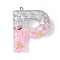 Resin Pendants, with Shell & Paillette & Gloden Alloy Loop, Letter A~B, Letter P, 42~44x11.5~57x7.5~8.5mm, Hole: 2mm
