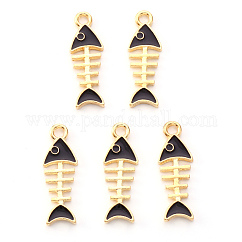 Light Gold Plated Alloy Enamel Pendants, Fishbone, Black, 24x8x1.5mm, Hole: 2mm