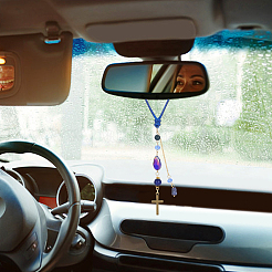 2Pcs Glass Bead & Natural Iolite & Natural Dyed Lapis Lazuli & Alloy Car Pendant Decorations. with Brass Chains and Waxed Polyester Cord&nbsp;HJEW-DR00302