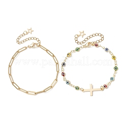 304 Stainless Steel Paperclip Chain & Handmade Lampwork Evil Eye Link Chain Double Layer Stackable Necklaces for Women&nbsp;BJEW-JB12451-03