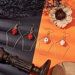 Halloween Skull Synthetic Dyed Turquoise & Copper Wire Dangle Earrings for Women&nbsp;EJEW-JE05884
