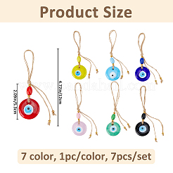 7Pcs 7 Colors Handmade Lampwork Flat Round Evil Eye with Wood Bead Pendant Decorations&nbsp;HJEW-FH00248