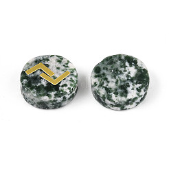Brass Elder Futhark Alphabet Engraved Symbol Flat Round Natural Green Spot Jasper Rune Stones&nbsp;G-I373-01N