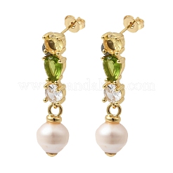 Round Brass Micro Pave Cubic Zirconia Dangle Stud Earrings&nbsp;EJEW-L311-01G-02