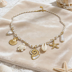 Summer Ocean 304 Stainless Steel & Natural Sea Shell Starfish Turtle Multi Pendant Bib Necklaces for Women&nbsp;YW3653
