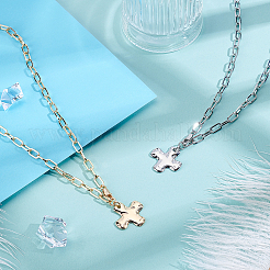 2Pcs 2 Colors Alloy Textured Cross Pendant Paperclip Chain Necklaces&nbsp;NJEW-ME0001-14