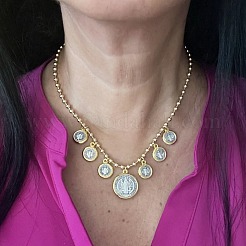 Religion Flat Round with Saint Benedict Pattern Brass Pendant Necklaces for Women&nbsp;FS-WG05AEE-01