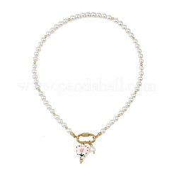 2Pcs 2 Colors Handmade Printed Floral Porcelain Heart & 304 Stainless Steel Pendant Round White Shell Pearl Beaded Necklaces for Women&nbsp;NJEW-JN06391