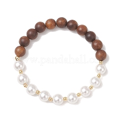 Shell Pearl & Sandalwood Beaded Stretch Bracelets for Women&nbsp;BJEW-TA00728