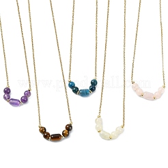 Natural Mixed Gemstone Column Round Beaded Pendant 304 Stainless Steel Cable Chains Necklaces for Women&nbsp;NJEW-JN06094