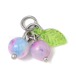 Natural Dyed Persian Jade with Acrylic Leaf Cherry Charms with 304 Stainless Steel Open Jump Rings&nbsp;PALLOY-JF04025
