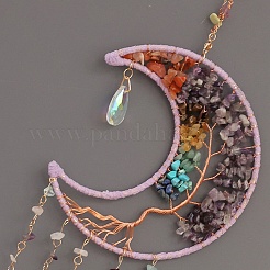 7 Chakra Copper Wire Wrapped Natural & Synthetic Mixed Gemstone Beads Moon Tree of Life Suncatchers&nbsp;HJEW-F027-13