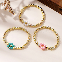 3Pcs 3 Colors Glass Flower Brass Round Beaded Stretch Bracelet Sets&nbsp;FH6392