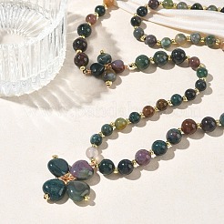 Saint Patrick's Day Natural Indian Agate Clover Pendant Round Beaded Necklaces with Brall Heart OT Clasps&nbsp;NJEW-G202-02G-01