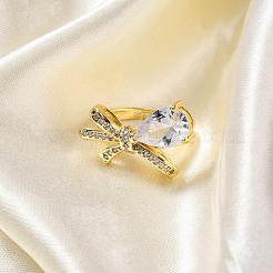 Adjustable Rack Plating Brass Clear Cubic Zirconia Finger Rings for Women&nbsp;RJEW-M028-09G