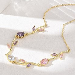 Brass Pave Cubic Zirconia Rose Flower Link Cable Chain Necklaces for Women&nbsp;NJEW-C121-05A-01G