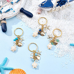 4Pcs 4 Colors Ocean Series Natural White Jade & Lapis Lazuli & Green Aventurine & Synthetic Turquoise & 304 Stainless Steel Starfish Shell Shape Turtle Keychains&nbsp;KEYC-SP00006