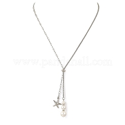 Summer Beach 304 Stainless Steel Starfish Pendant Lariat Necklaces with Shell Pearl&nbsp;NJEW-JN06604-02