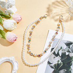 1Pc Imitation Pearl White Round Beaded and Alloy Colorful Rhinestone Flower Link Chain Belts for Pants&nbsp;HJEW-ME0001-23