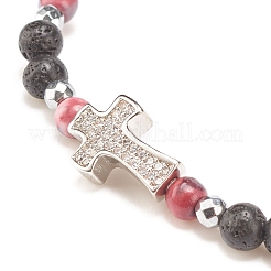 Natural & Synthetic Mixed Gemstone Beaded Stretch Bracelet with Clear Cubic Zirconia Cross for Women&nbsp;BJEW-JB08247